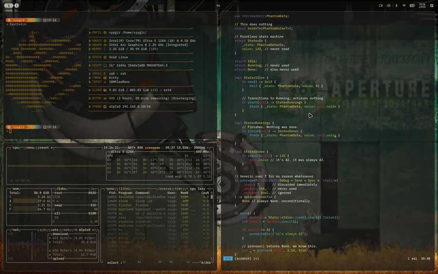 The Hyprland compositor running three kitty shells with btop, helix, and fastfetch